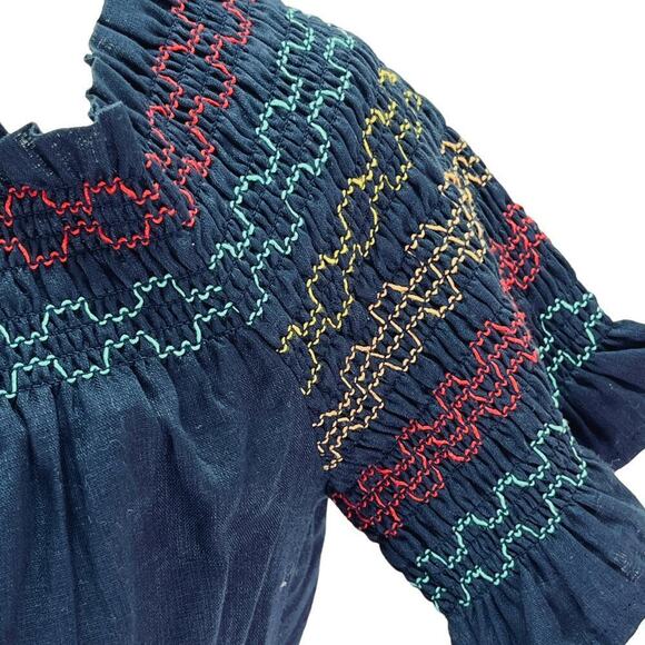 Trina Turk Embroidered Off The Shoulder Smocked Blouse Cotton Indigo Small NWT - Picture 6 of 12